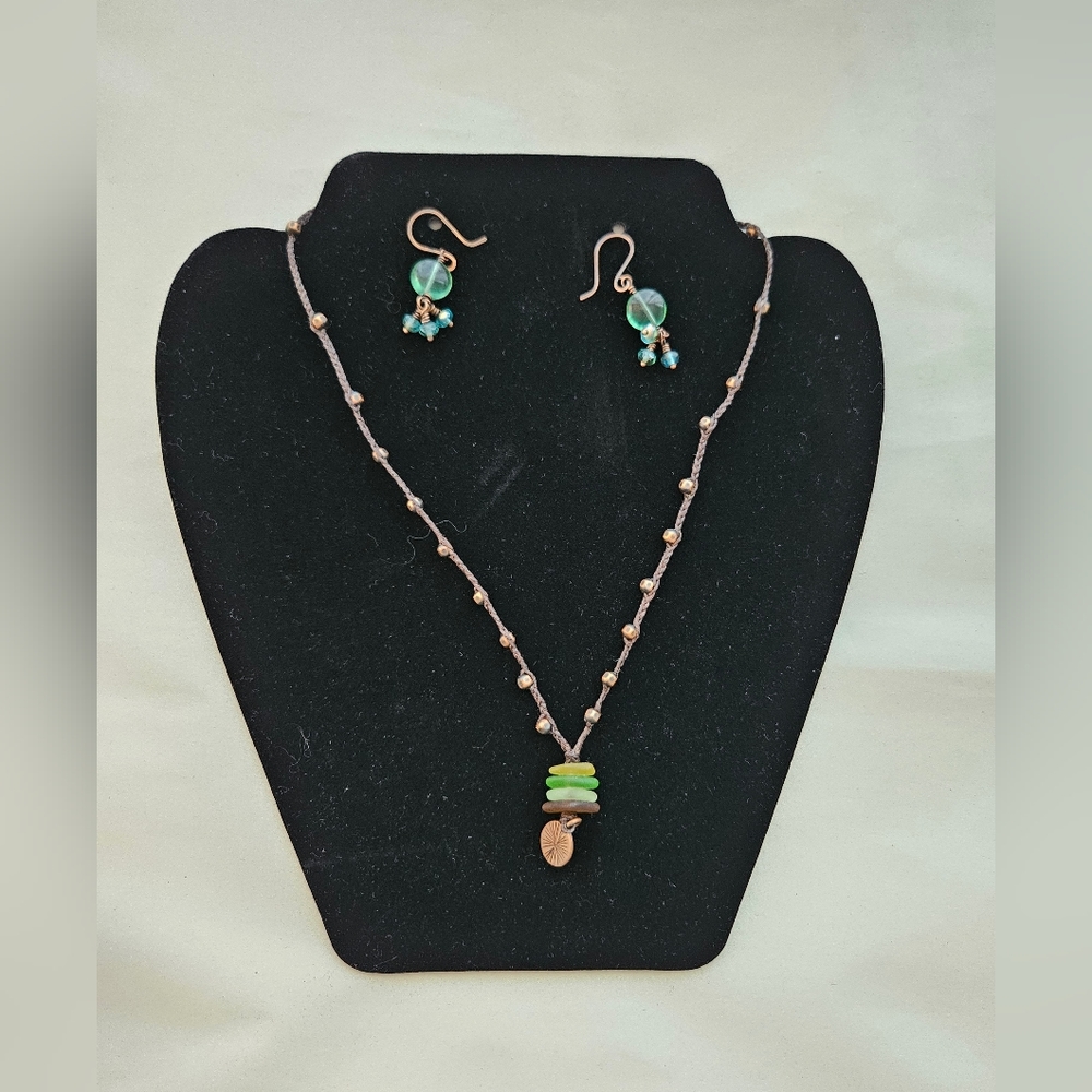 NWOT Beach Glass Corded Necklace and Beaded Earrings, Bronze tone